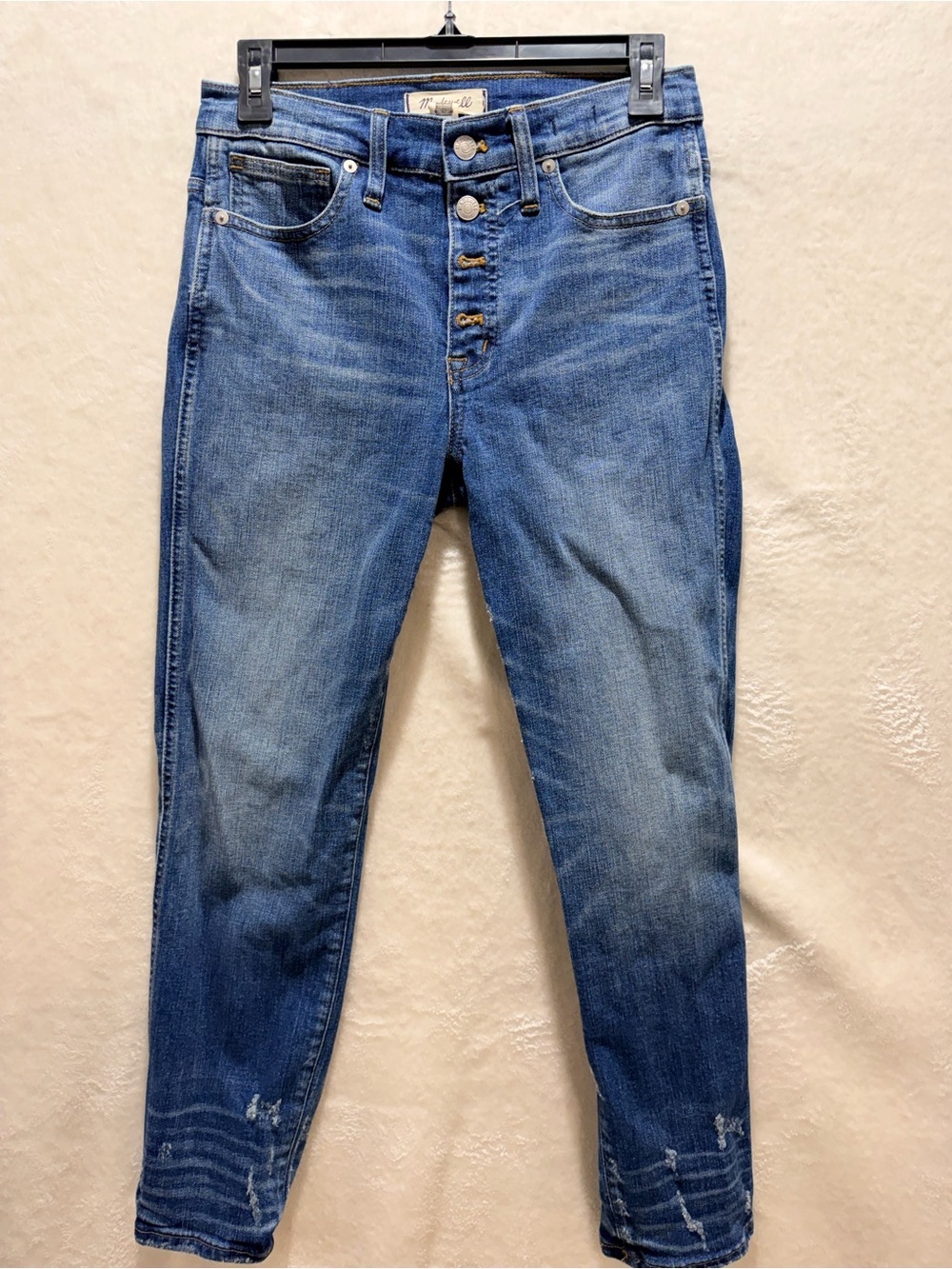 Madewell High Rise Slim Straight Jeans Distressed Button Front Blue Denim 27 - Picture 6 of 15